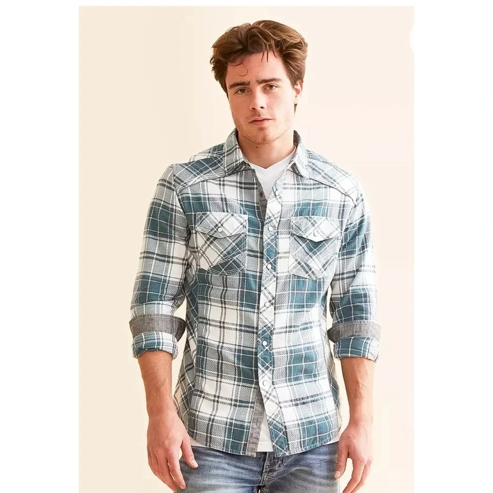 BKE‎ Western Snap Shirt Mens Large Teal White Plaid Tailored Fit  Condition